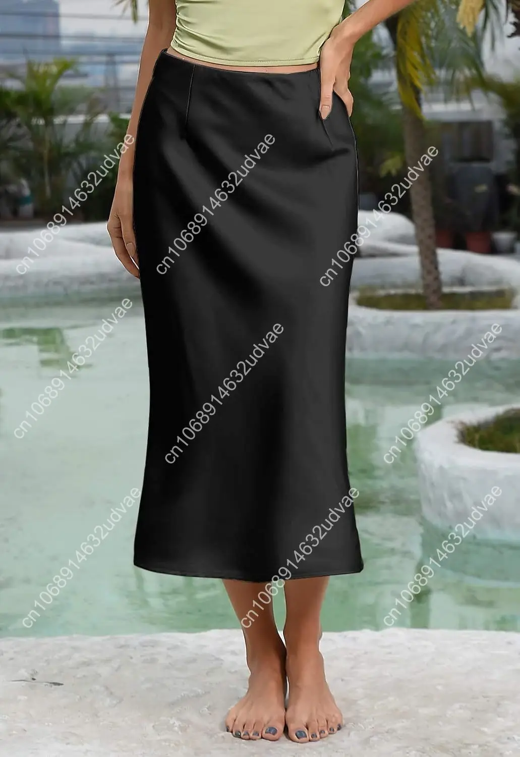 Gonna longuette svasata casual a vita alta in raso da donna con cintura elastica nascosta