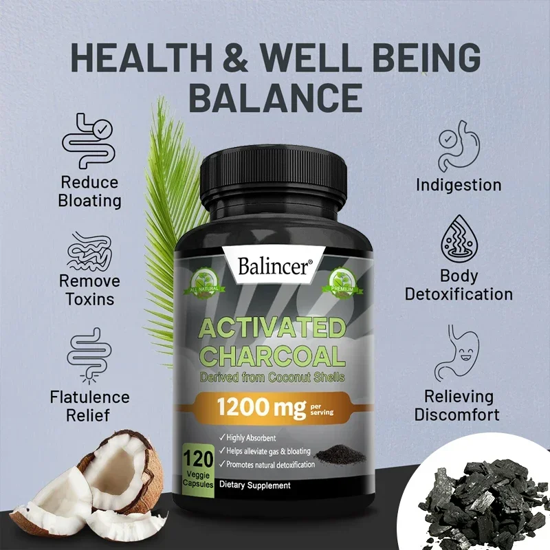 Activated Charcoal Capsules 1,200 Mg - Organic Coconut Shell, Helps Relieve Gas & Bloating, Detox & Bowel, Digestive Supplement