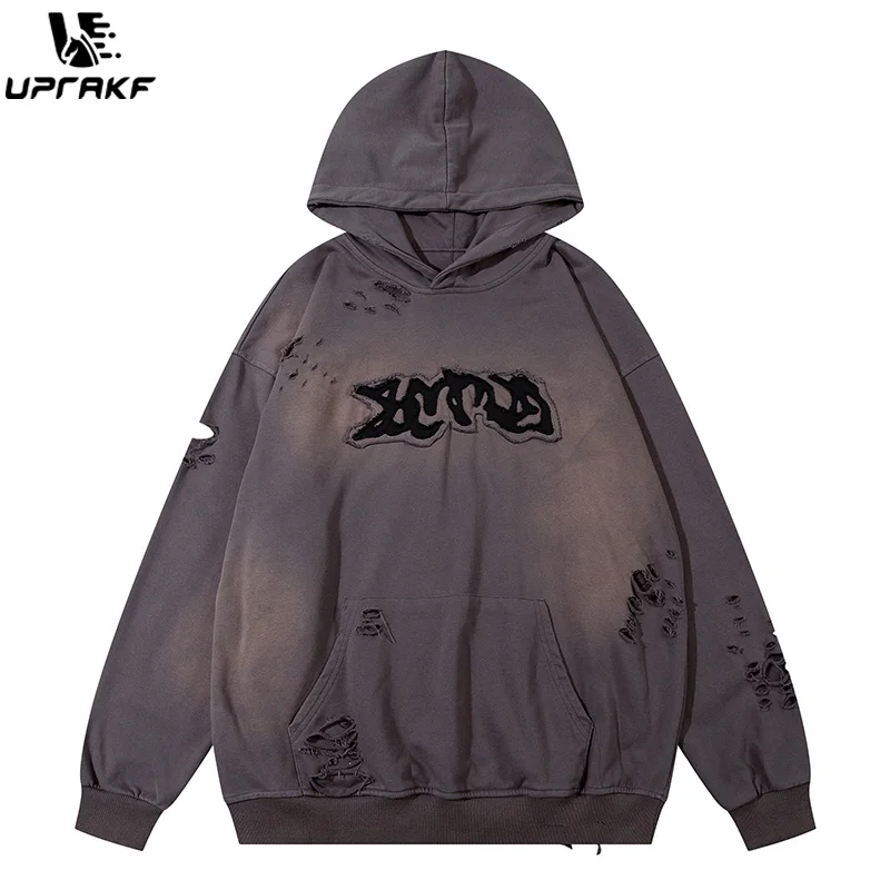 

UPRAKF Ripped Vintage Grunge Hoodies Streetwear Oversized Autumn Long Sleeves Clothing Loose Pullover