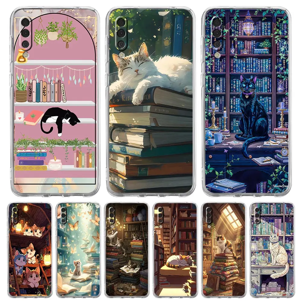 Transparent Phone Case for Samsung Galaxy A16 A14 A12 A22 A24 A26 A36 A56 A42 A30 Soft TPU Cute Butterfly Cat Bookshelf Design