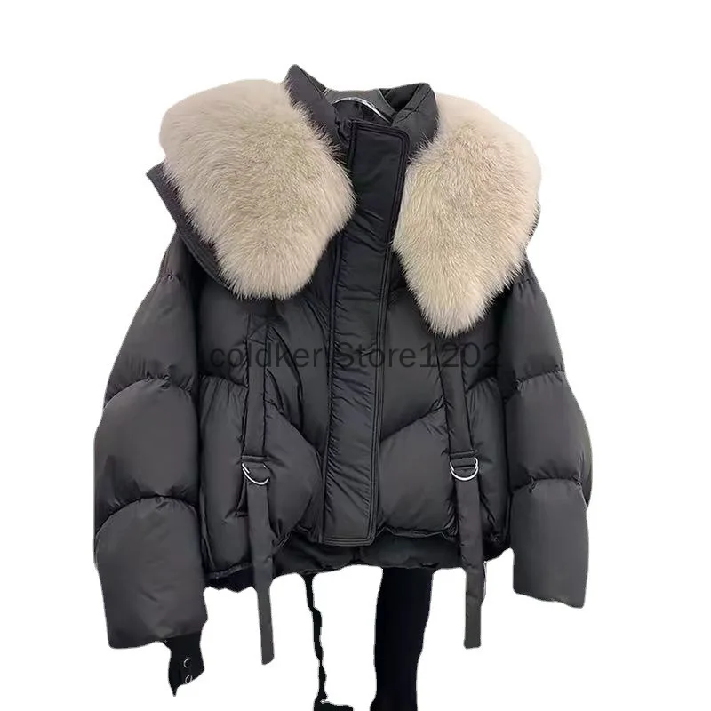 Chaqueta blanca con cuello de piel para mujer, moda coreana, abrigo acolchado corto y cálido Vintage, Parka para mujer 2024