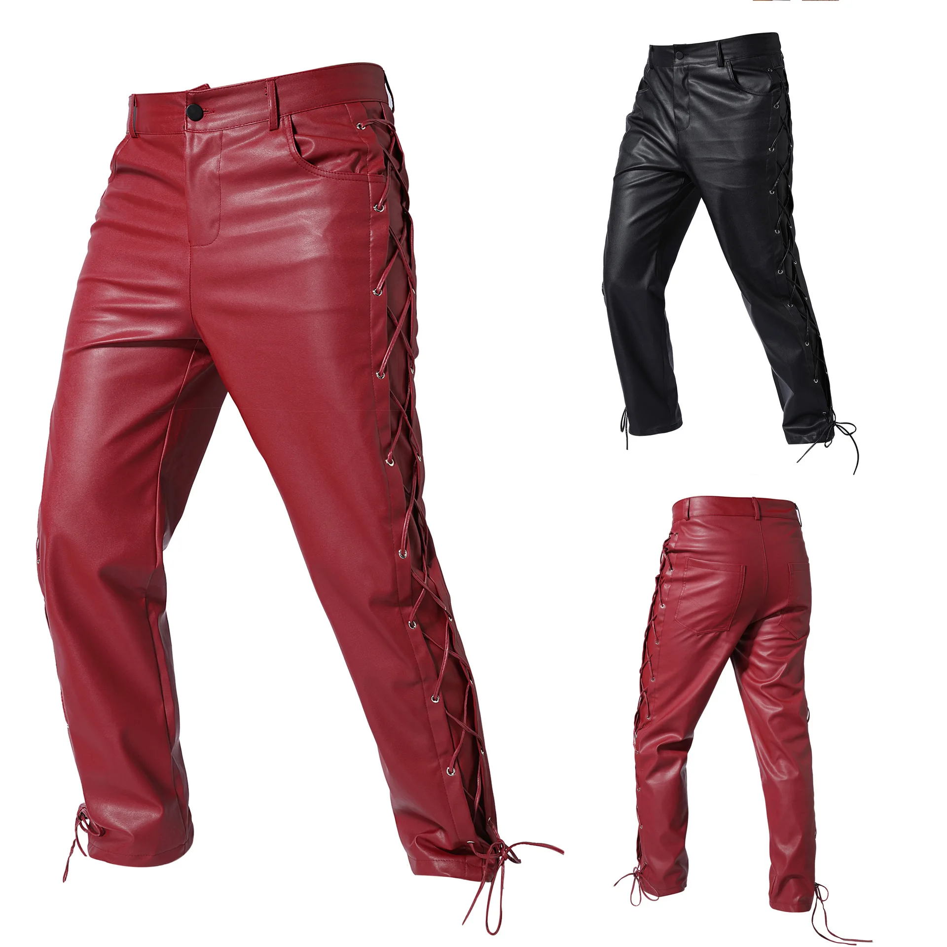 

New Arrival Men's Casual Pure Color PU Leather Pants Belted Straight Leg Long Trousers Comfortable Spring Fashion Outerwear