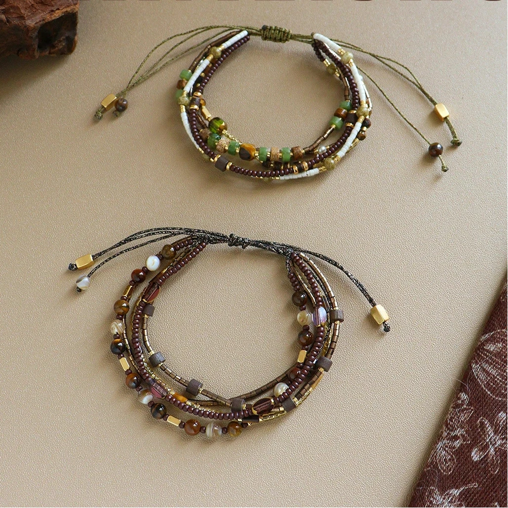 

Retro Bohemian Style Multi-layered Millet Beaded Strand Stone Bracelet Light Luxury and High-end Pull-out Bracelet for Women