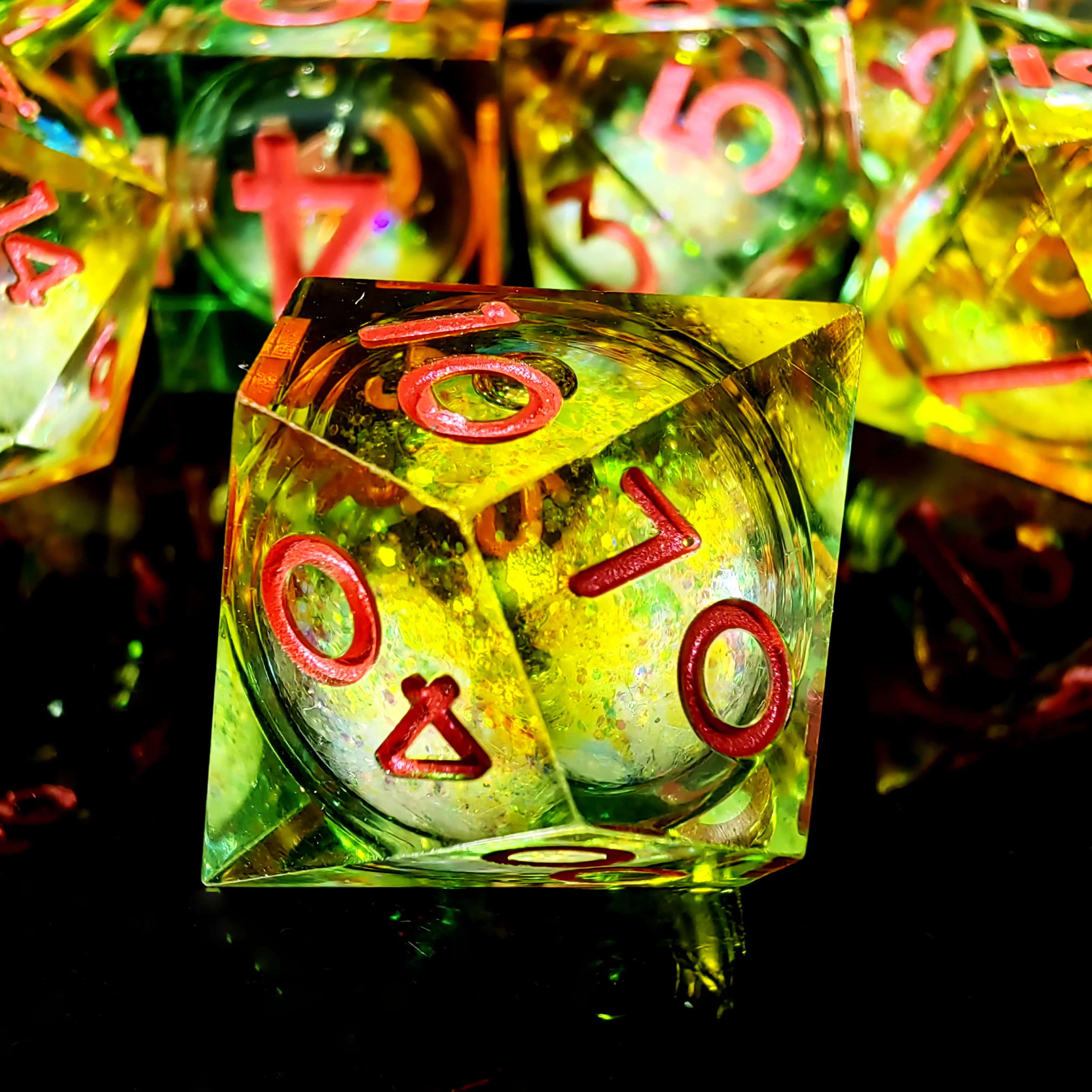 DnD Dice Set - 7 Piece Resin Dice with Green Flowing Sand, Transparent Base & Red Numbers for RPG & Board Games