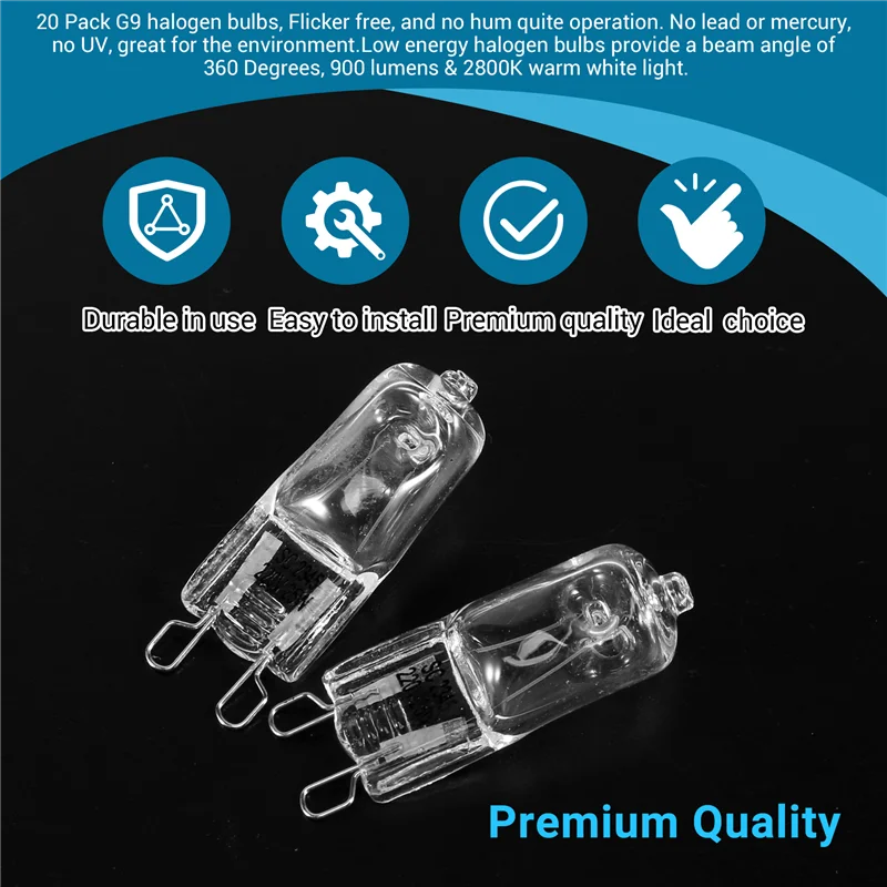 

ABWP-20Pcs G9 Halogen Light Bulbs, Clear Halogen Lamps Dimmable,Warm White 2800K For Chandeliers,Pendants,Landscape Lights