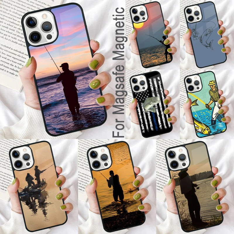 Fishing Fisherman Magnetic Soft Phone Case for iPhone 16 Promax 15 Pro 13 14 Plus 11 12 Mini MagSafe Coque