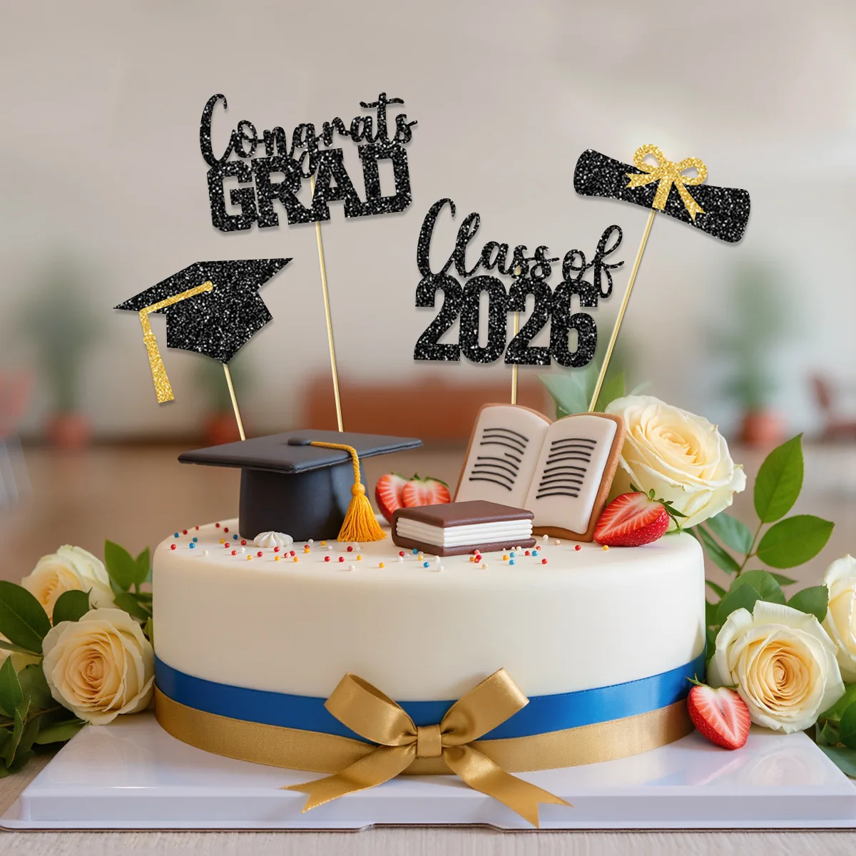 1 Stück/16 Stück/17 Stück 2026 Abschluss-Kuchendekoration-Set Schwarz Gold Glitzer Glückwunsch zum Abschluss Graduierungshut Cupcake-Topper Jahrgang 2026 Party-Dekoration – Detail 3