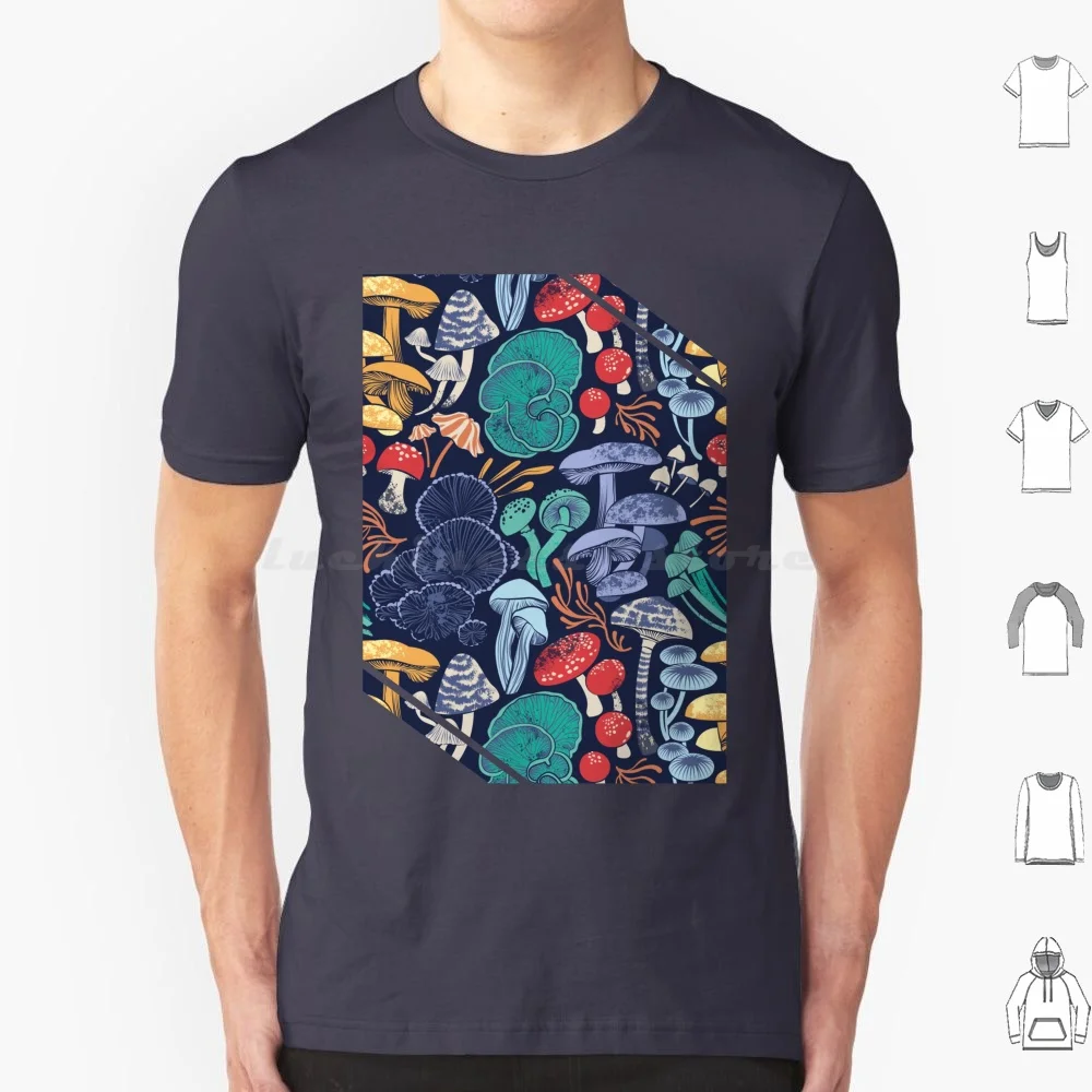 Mystical Fungi / / Midnight Blue Background Multicoloured Wild Mushrooms T Shirt Cotton Men Women DIY Print Pattern Patterns