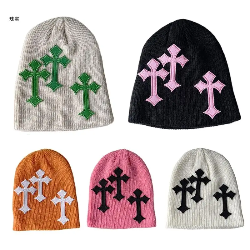 

X5QE Unisex Knitted Piled Hat with for Cross Decor Winter Warmer Cycling Driving Hat