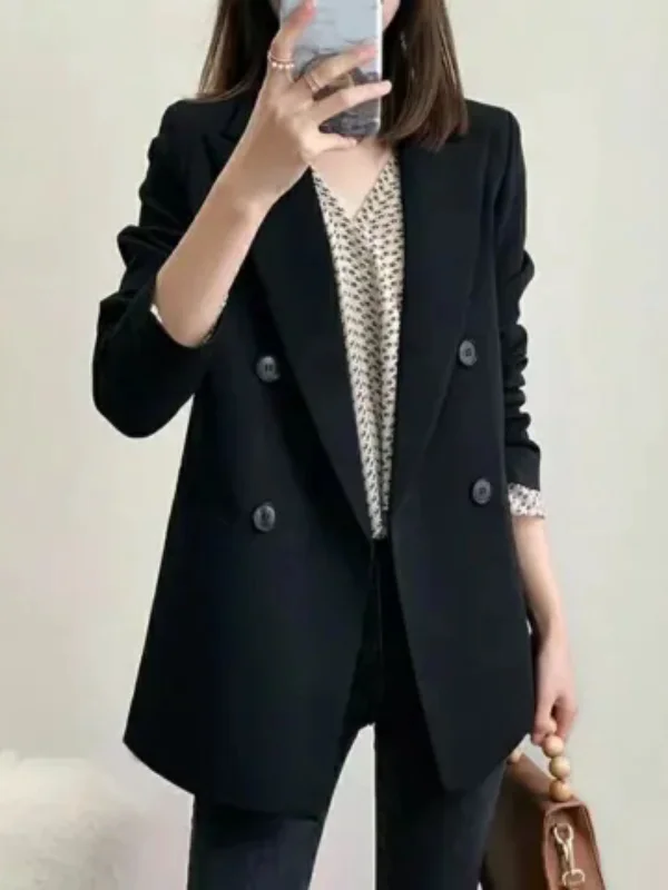 

Loose Casual Black Suit Women's Fashion Korean Style Spring Autumn New Arrival Button Splice Polyester Fabric Office Party