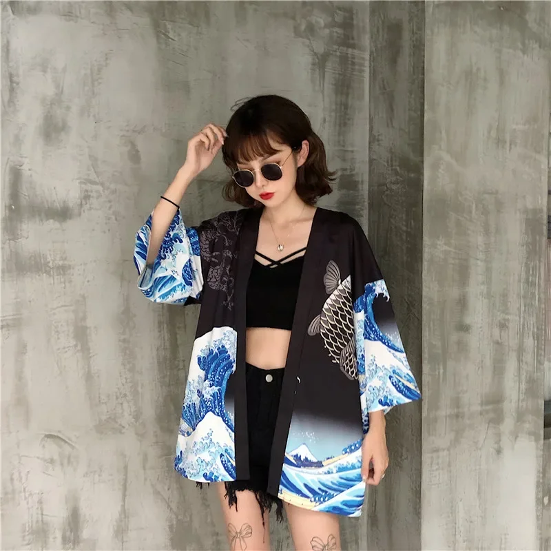 

Japanese Retro Ukiyoe Print Kimono Cardigan Shirt for Adult Loose Lightweight Beachwear Carp Wave Pattern Fashion Ethnic Clothes