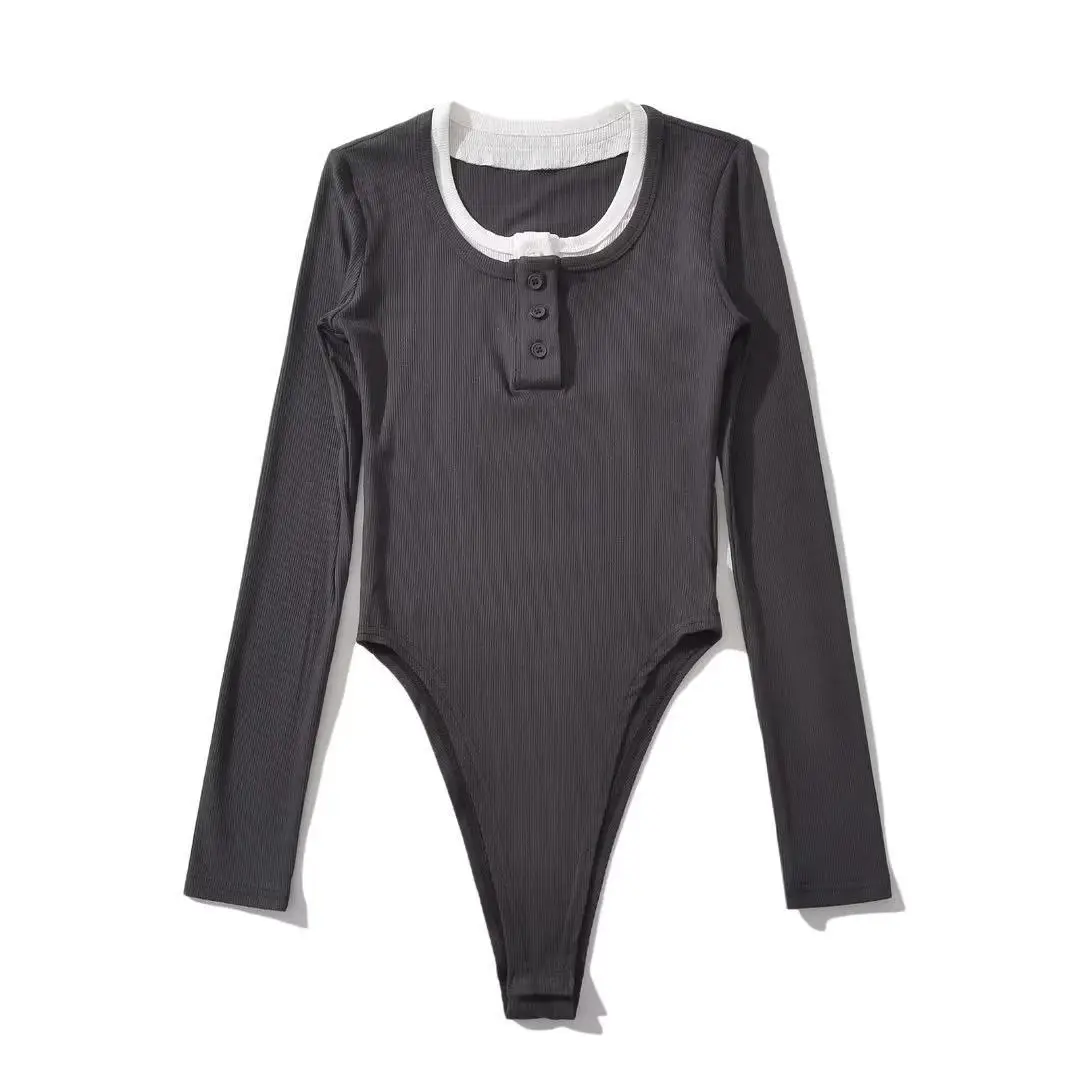 Vrouwen Nep Twee Gebreide Bodysuits Lente Herfst Lange Mouw V-Hals Knopen Top Jumpsuits