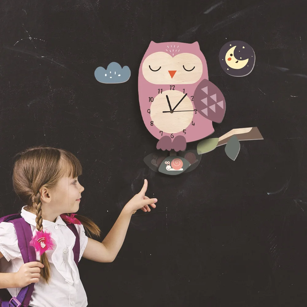 Cartoon Owl Wall Clock for Kids Room Pink Mute Movement Wooden 3D Reloj de Pared Horloges Home Decor Living Room Pendulum Gift