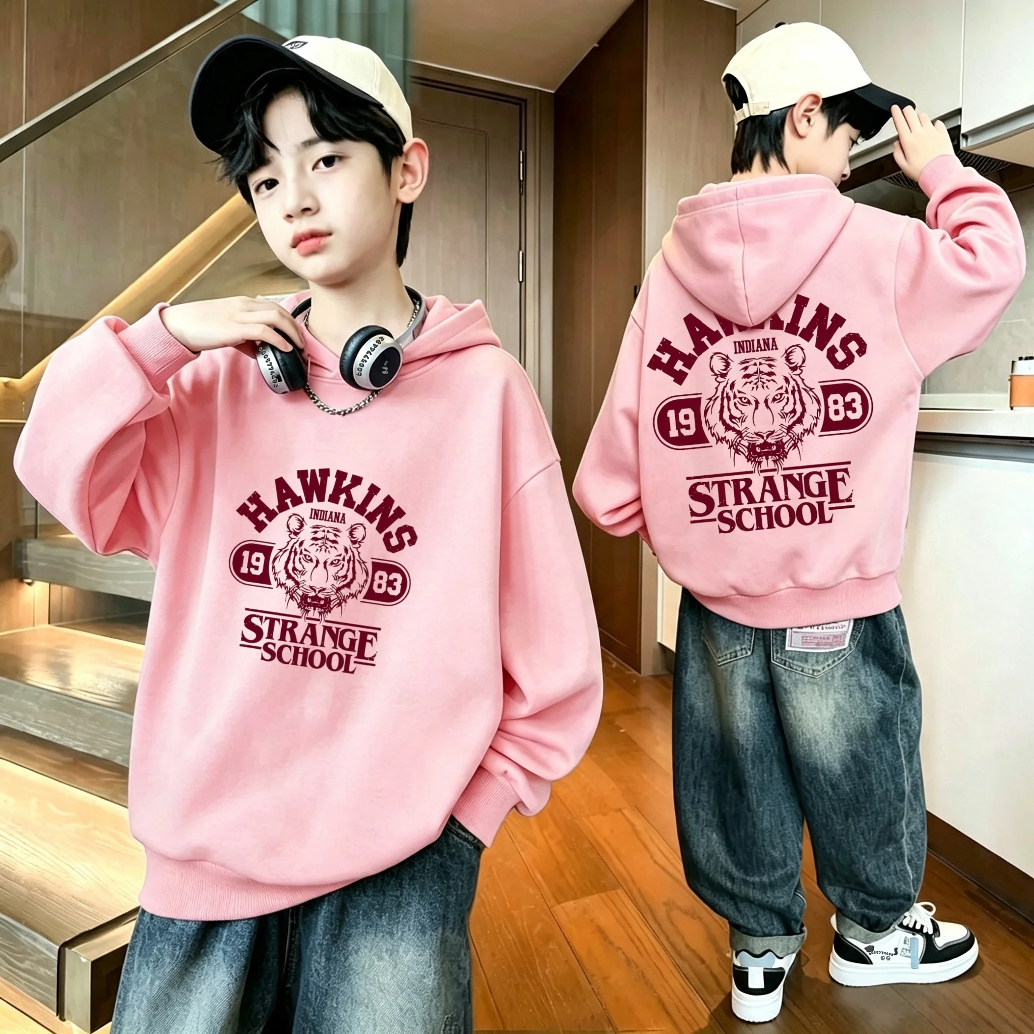 Latest trendy cartoon tiger pattern letter print children's long-sleeved pullover hoodie for boys and girls