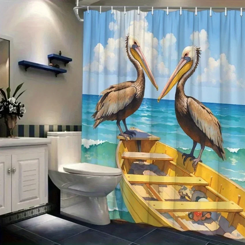 

~O~1pc Pelican Shower Curtain - Turquoise Sea & Yellow Boat Design, Polyester, Washable with 12 Hooks, Bathroom Decor