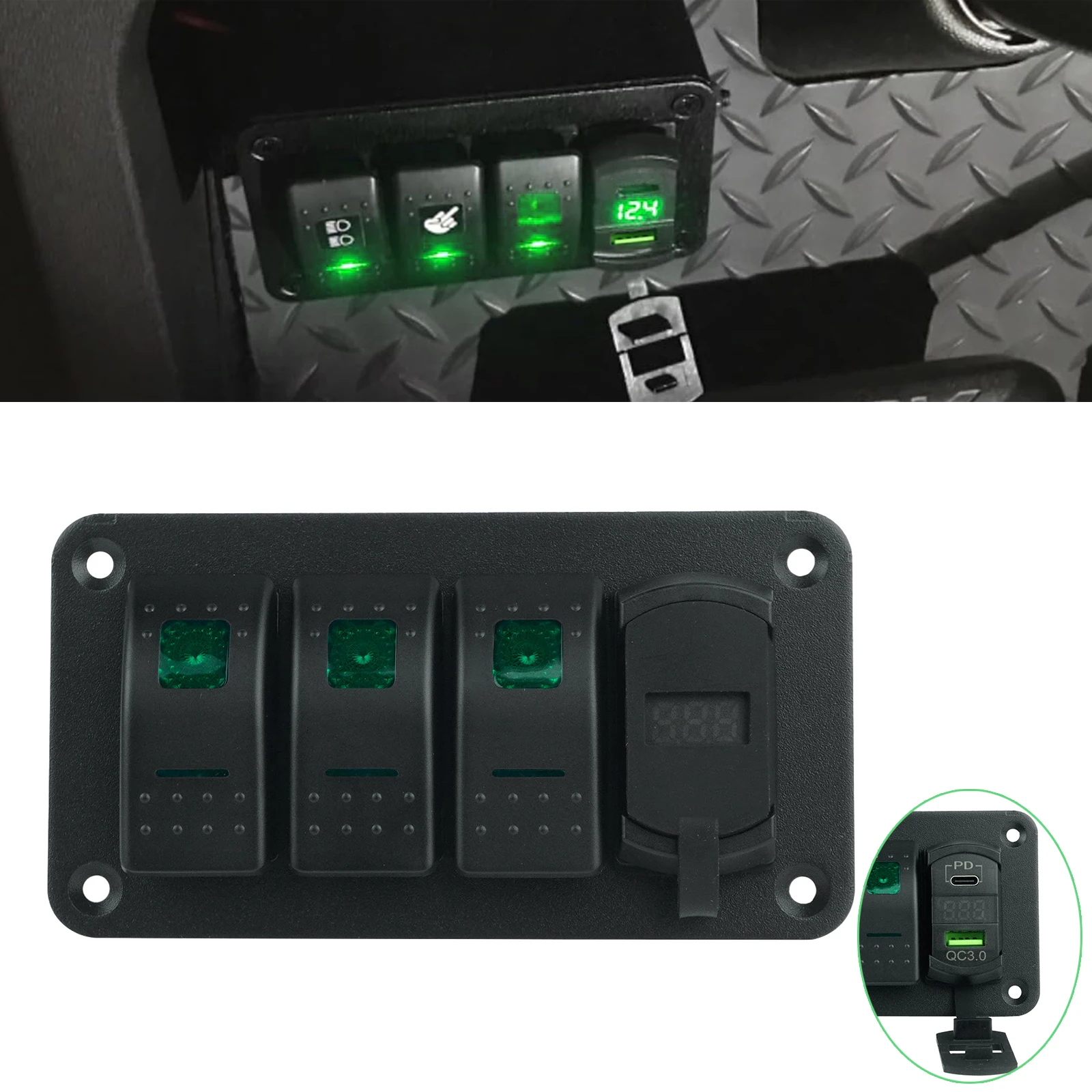 3 Gang 12V/24V Green LED Toggle Rocker Switch Panel Decal with USB3.0 + PD Fast Charge For Car Boat Camper Van Marine RV