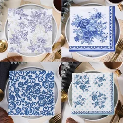 20Pcs Vintage Blue and White Porcelain Decoupage Paper Napkins Flowers Paper Tissues for Party Tableware Decor Wedding Supplies