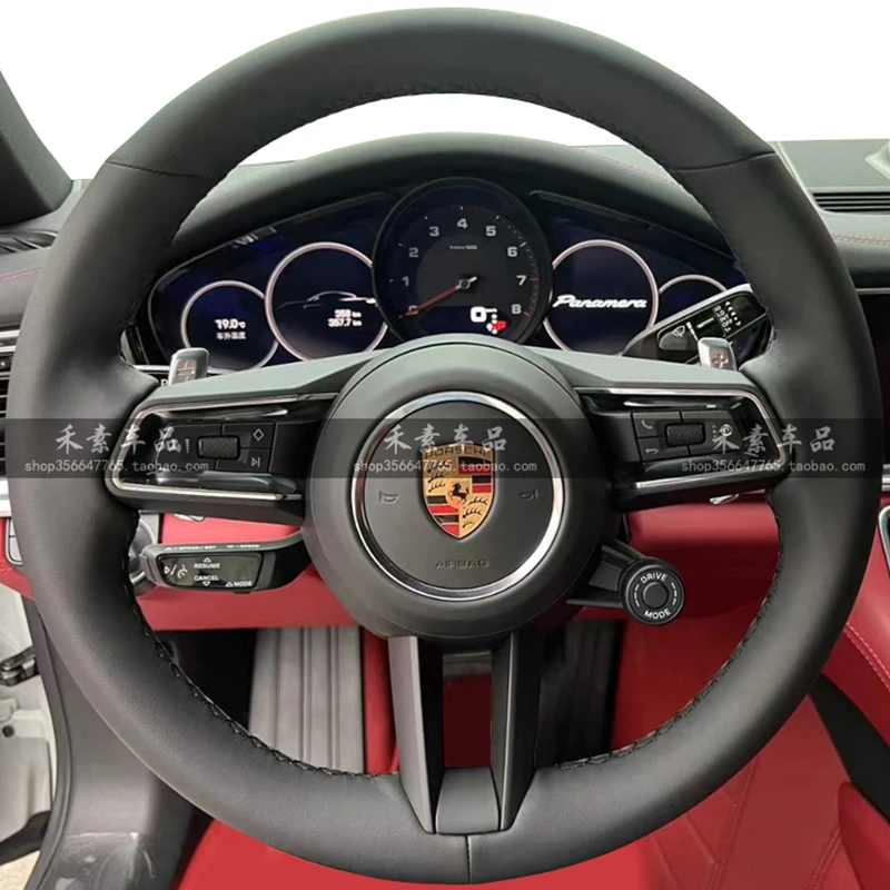 DIY Hand Stitched Car Steering Wheel Cover red antiskid Genuine Leather For Porsche Taycan Cayenne Macan Panamera 718 911