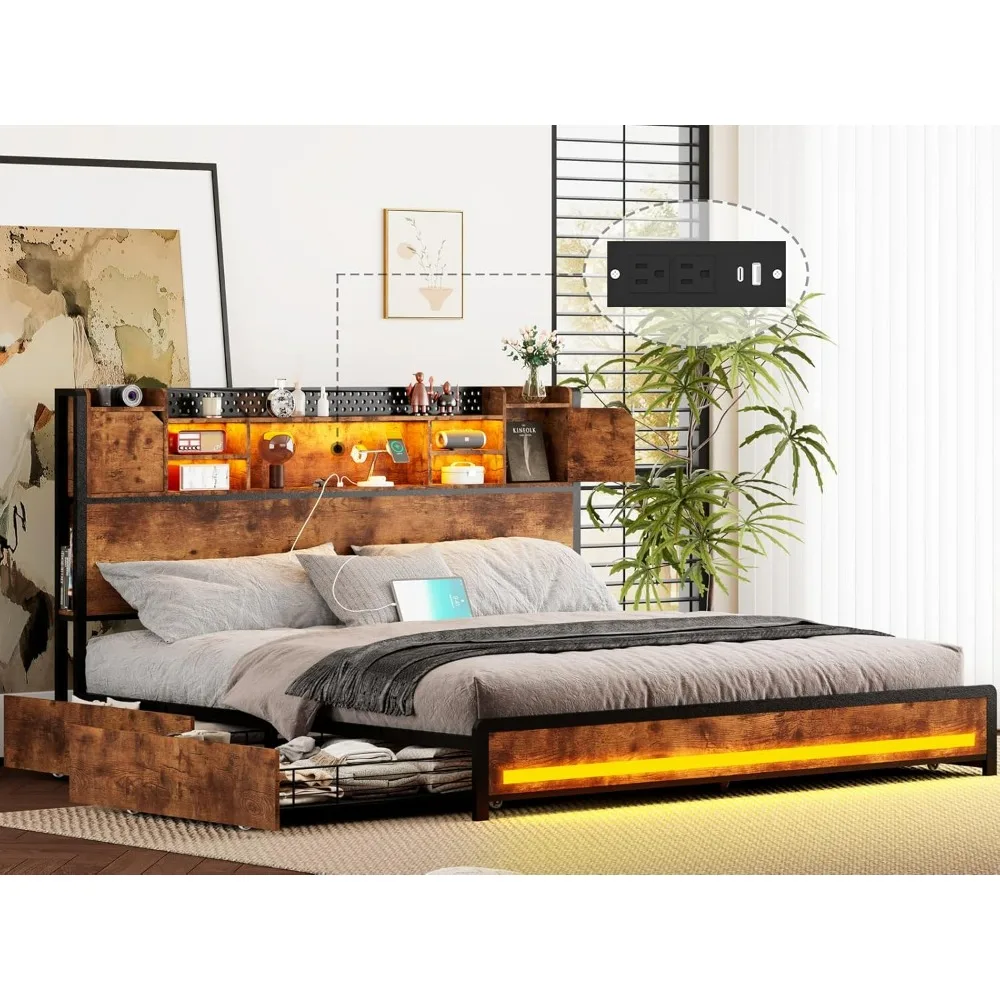 

LED Size Bed Frame with 4 storage drawers,charging station,headboard with 3-Tier storage shelves,Heavy duty steel slated support