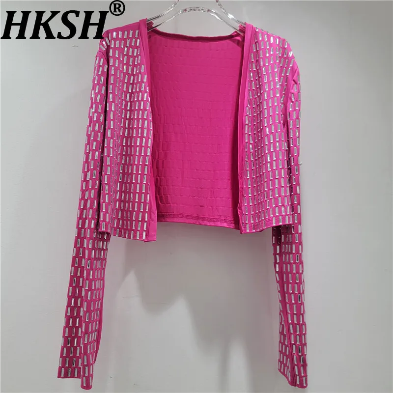 

HKSH Short Coat For Women Heavy Craft Studded Diamonds Long Sleeved Temperament High Street Cardigan Stylish Strap Dress HK10869