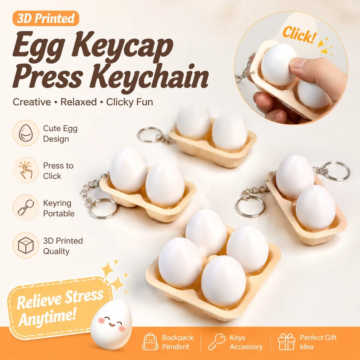 New Cross-border Product: 3D Printed Simulated Egg Clicker Keychain, Simulated Football & Basketball Stress Relief Toy Charms