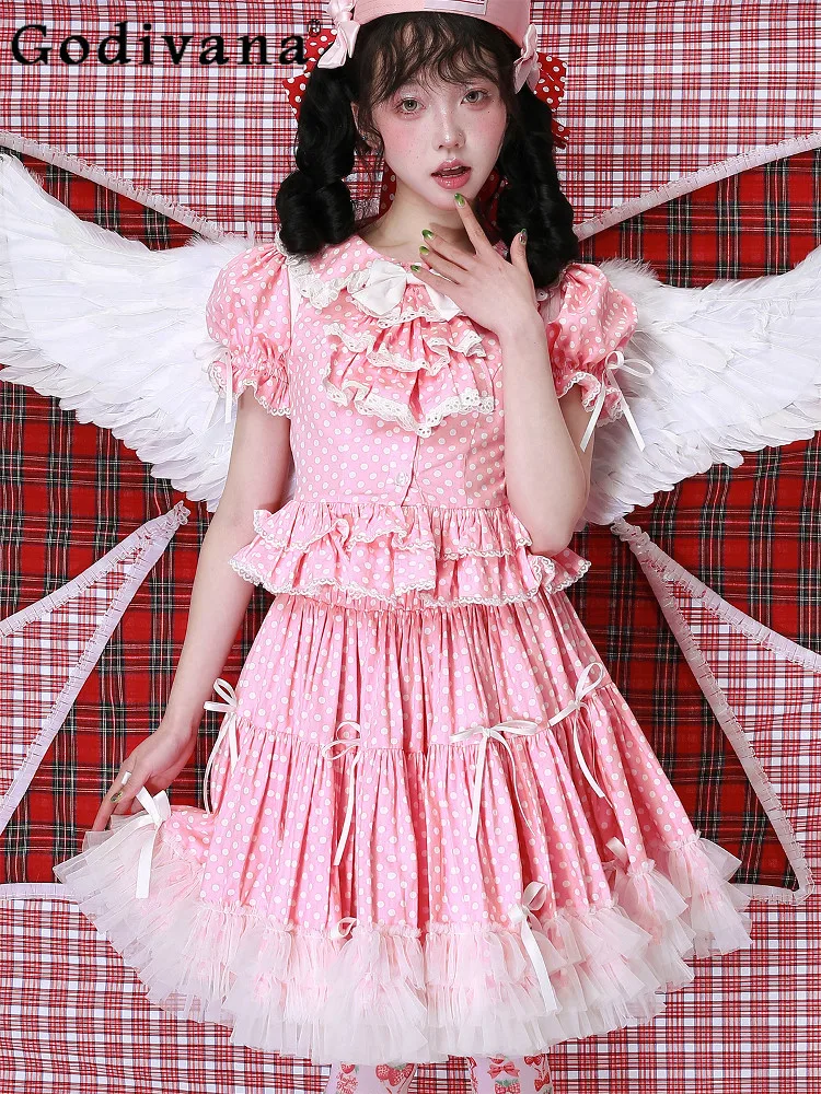 

Japanese Original Sweet and Cute Lolita Retro Skirt 2026 New Arrival Ancient Sense Lace Bow Girl Pink Polka Dot Puff Skirt