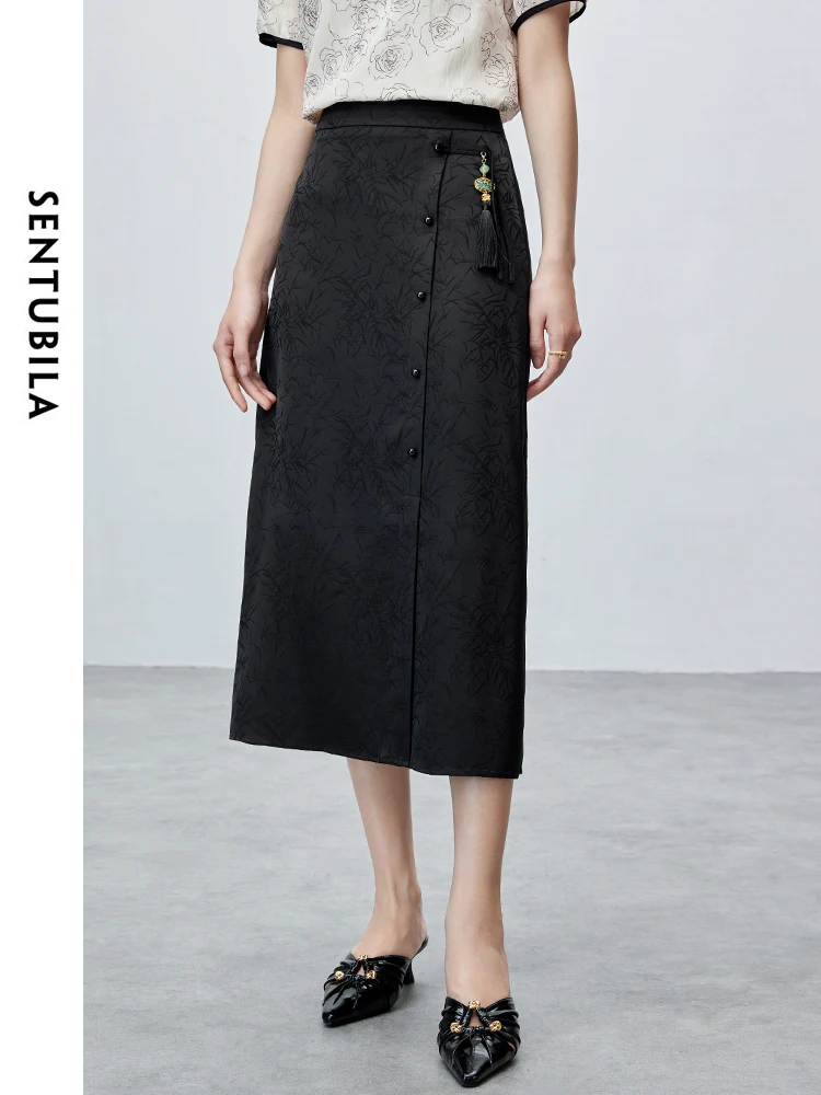 SENTUBILA Women Chinese Bamboo Jacquard Skirt 2024 Summer Elegant Black Straight Midi Satin Skirts Female Clothes 142Q55376