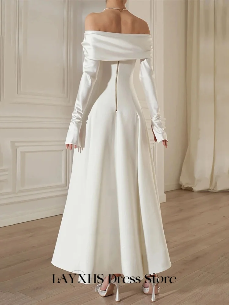 LAYXHS فساتين زفاف أنيقة قابلة للانفصال قبالة الكتف دانتيل طول الكاحل مطوي زي العرائس مخصص رداء دي سواريه