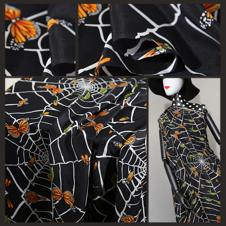 

12Momme 112cm wide black spider butterfly print silk double crepe fabric, mulberry silk, shirt fabric