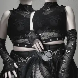 Женский укороченный топ Goth Skull Fishnet Mall, готический черный укороченный топ в стиле гранж, с перчаткой, E-girl, альтернативный жилет в стиле эмо