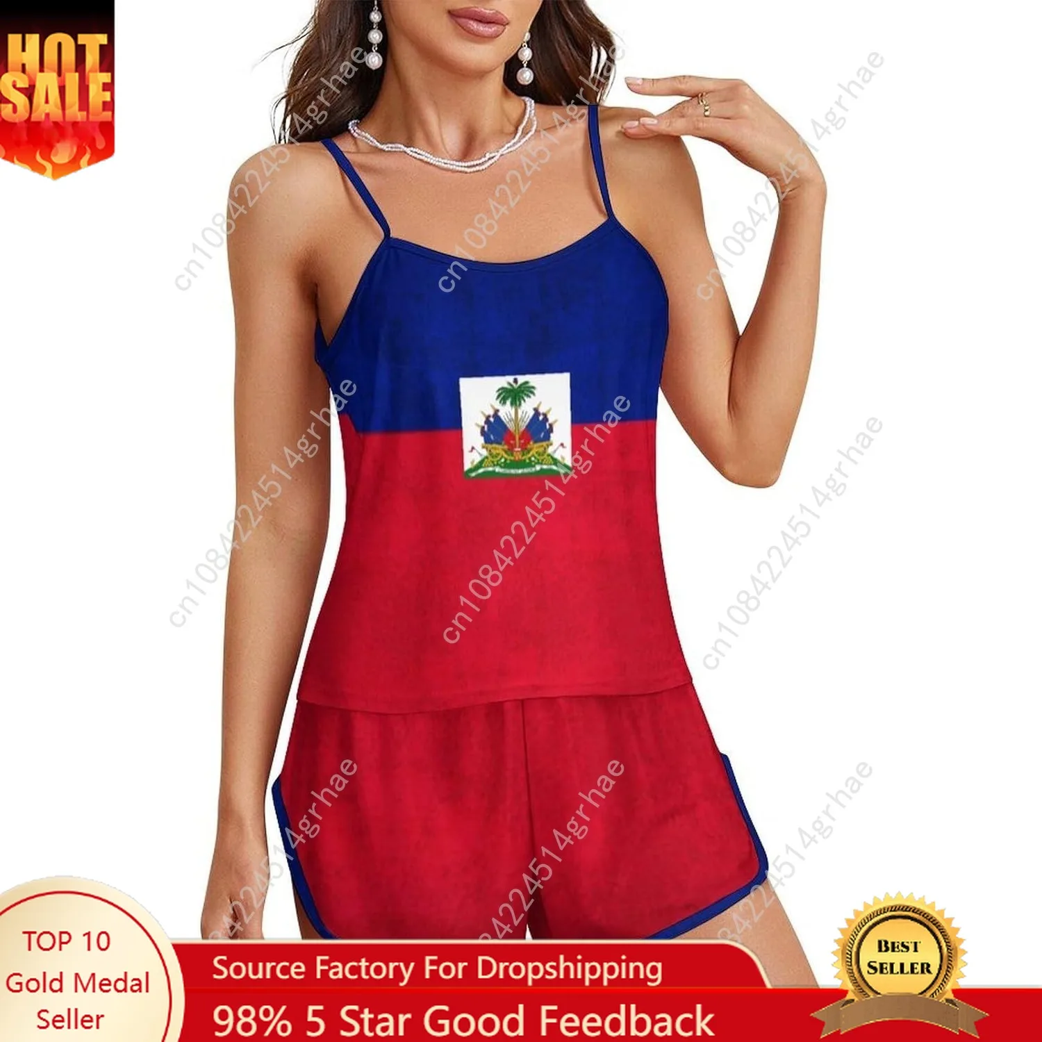 

Haiti Flag Pajama Set Women Sexy Cami Top Shorts Sleepwear Sets Summer Two Piece Pajamas Nightwear Set