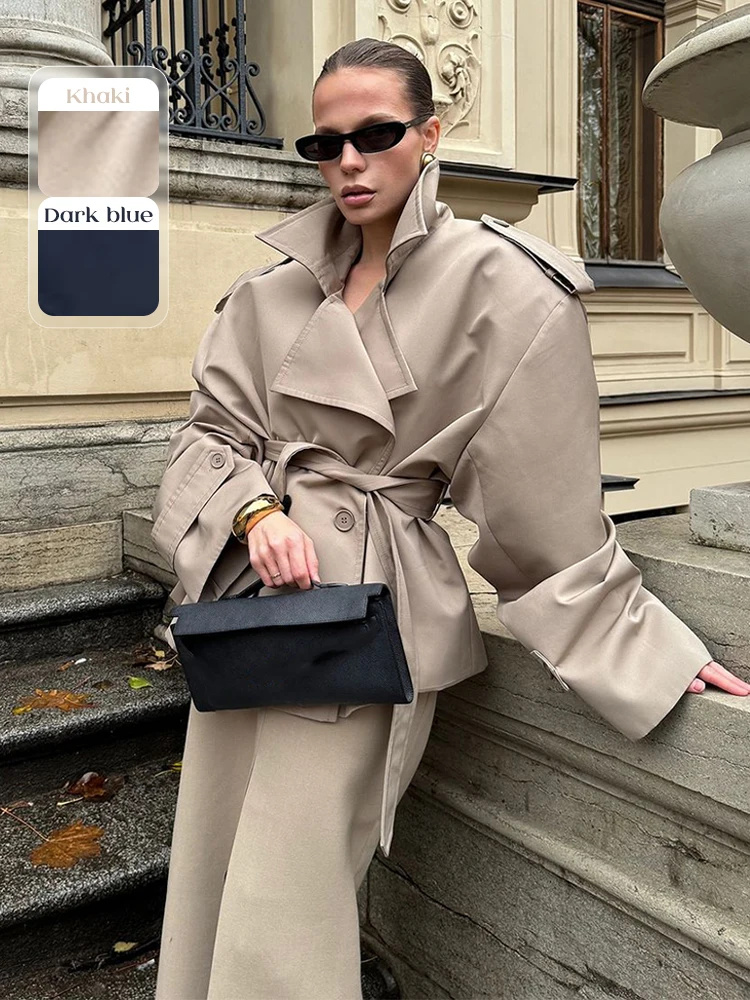 

Элегантное однотонное пальто на шнуровке, женское свободное пальто с воротником на пуговицах и длинными рукавами, осеннее женское уличное новое верхнее белье больших размеров