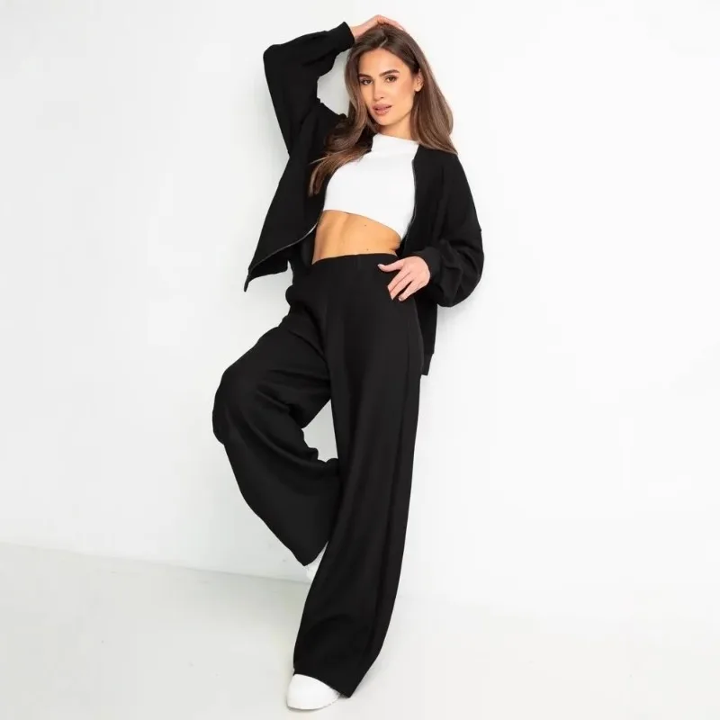 Spring 2025 Round Neck Sweatshirt with Casual Jacket and Straight Pants Set