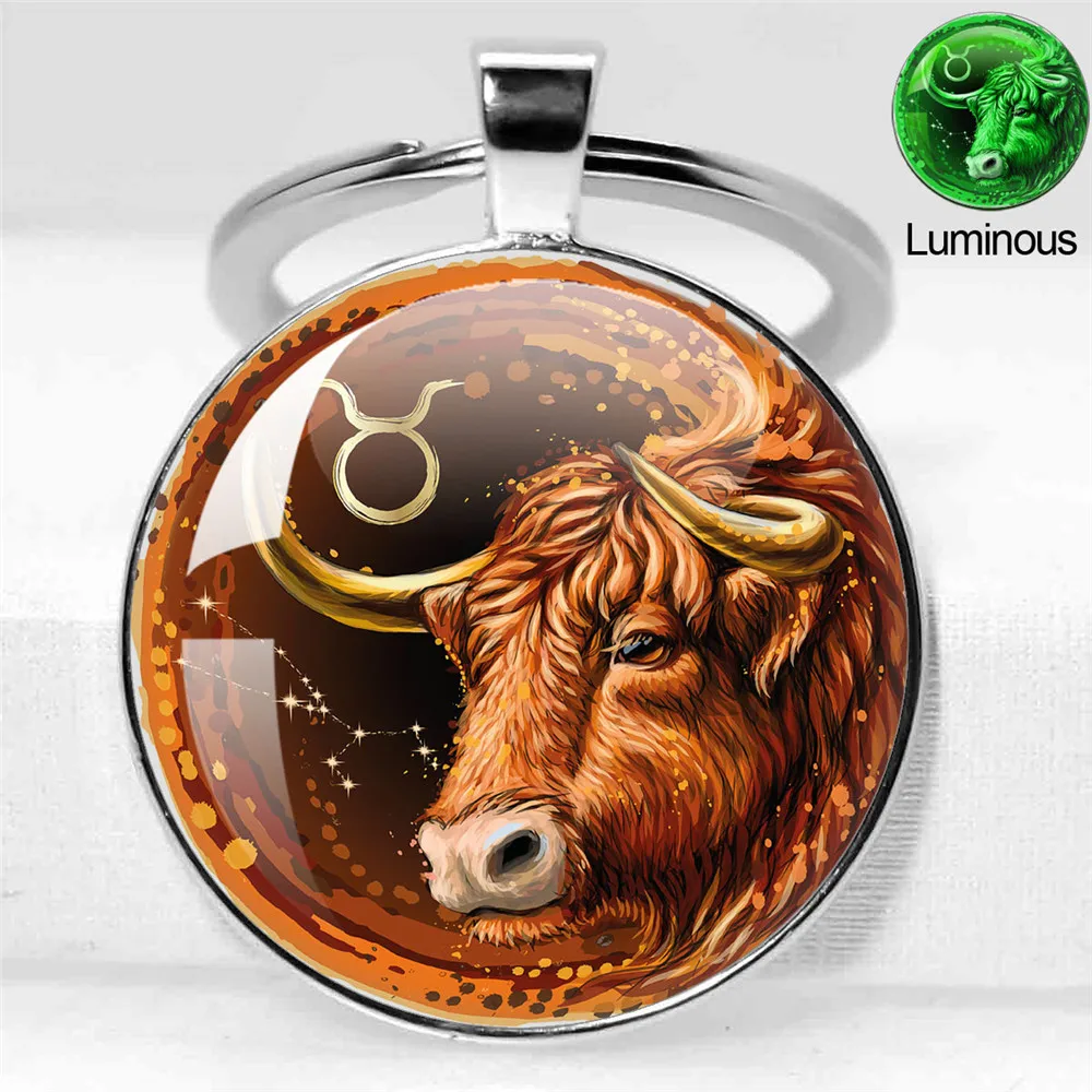 Zodiac Sign 12 Constellation Luminous Animals Photo Glass Pendant Keychain Bag Car Keychain Holder Charms Keychain