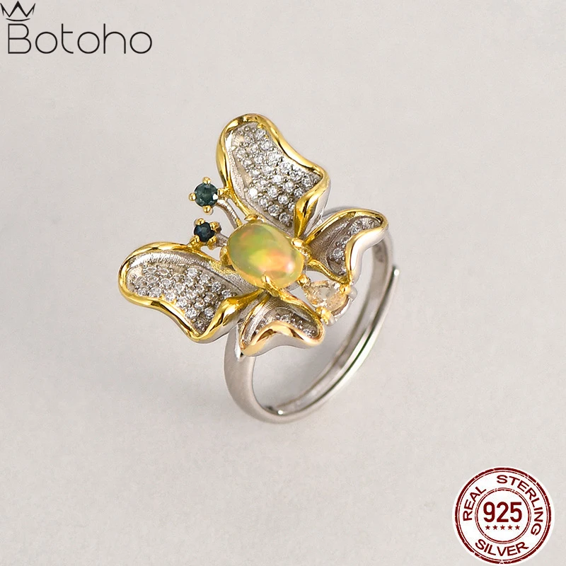 

Natural Opal S925 Sterling Silver Two Tone Plated Butterfly Rings For Women Zircon Chic Cute Luxurious Resizable Ring 2023 New