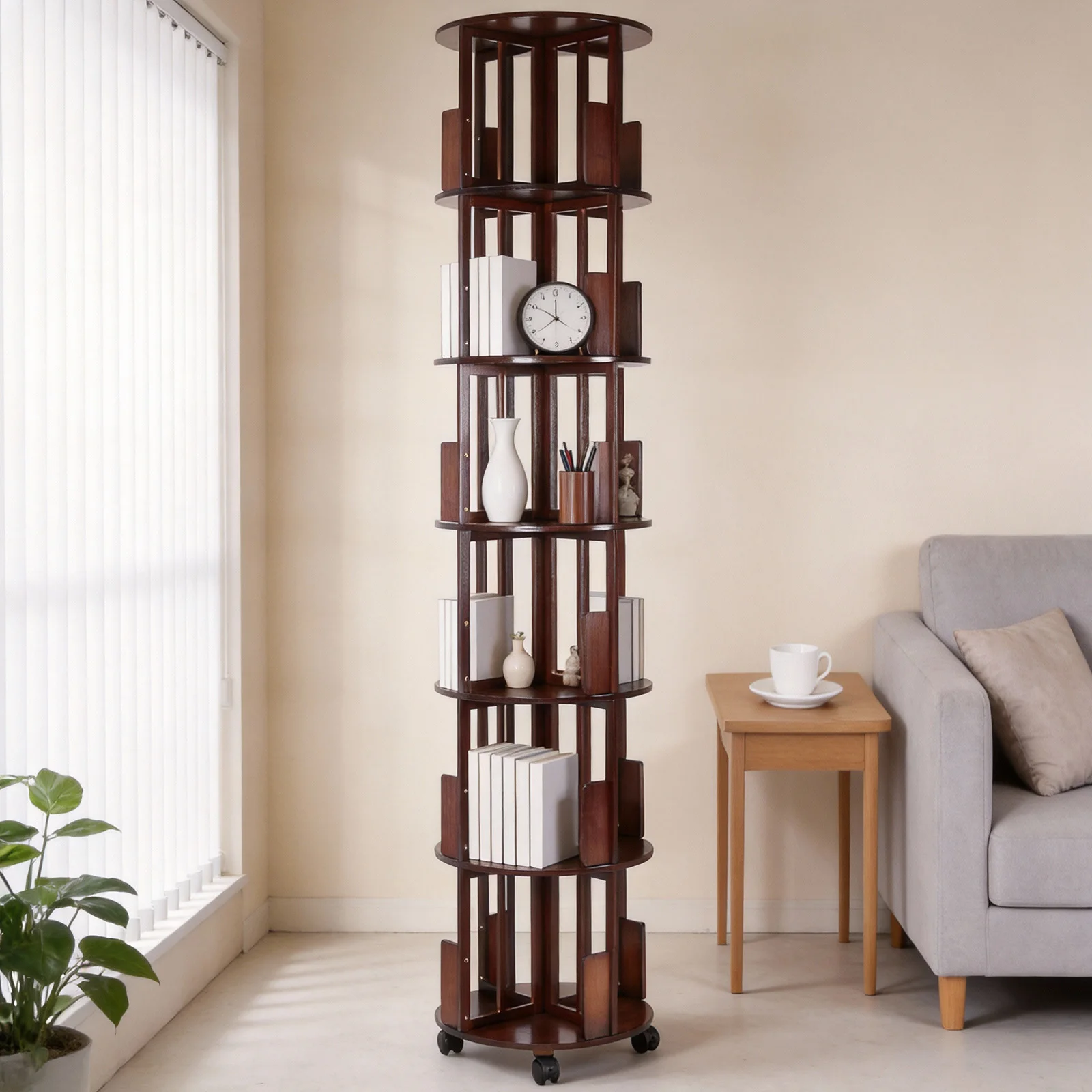

Вращающаяся книжная полка-башня из бамбука на 6 уровней, круглая карусель для хранения книг на 360 градусов, для небольших помещений, домашнего офиса, гостиной