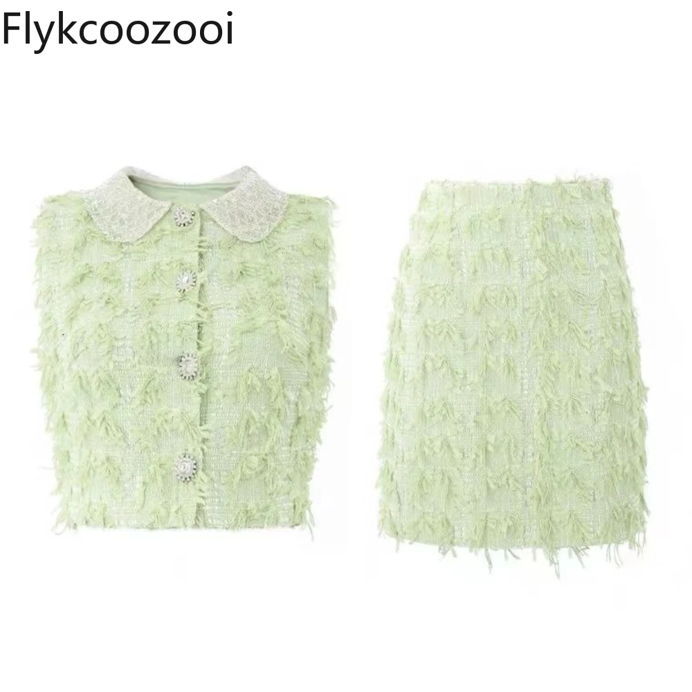 Temperamental corto verde sin mangas Top para Mujer primavera A-line falda conjunto De dos piezas Conjunto De Mujer 2 Piezas Elegante