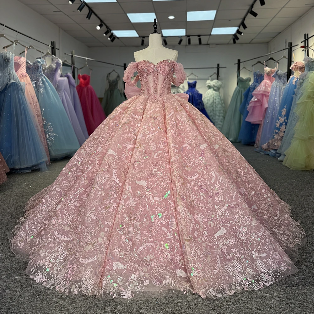 

Princess Style Quinceanera Dress for Women With Bow Scoop Wedding Party Dresses vestidos de 15 quinceañera Customized Sequins