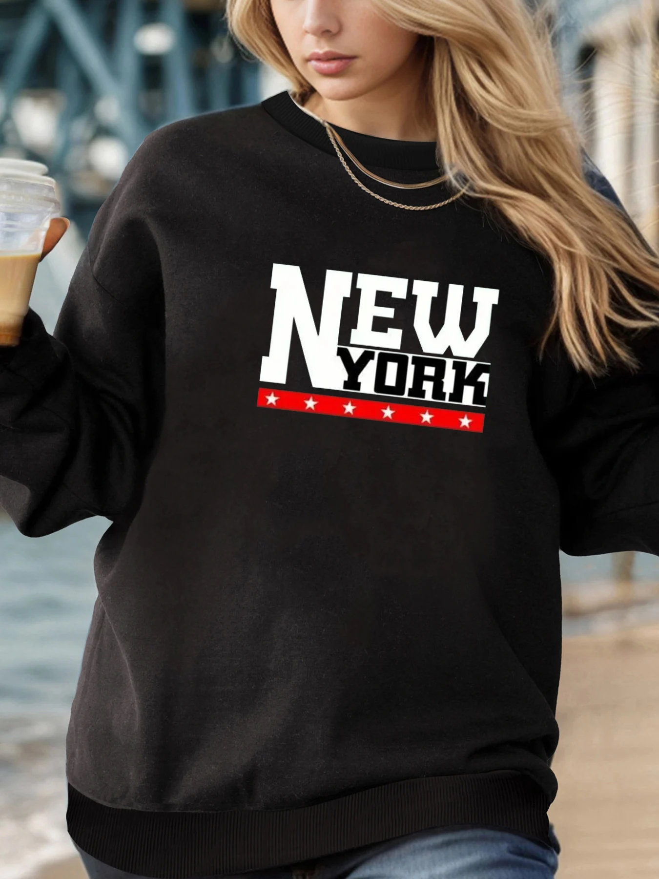 

Женский осенне-зимний повседневный модный свободный удобный теплый пуловер с круглым вырезом и длинными рукавами с буквенным принтом NEW YORK