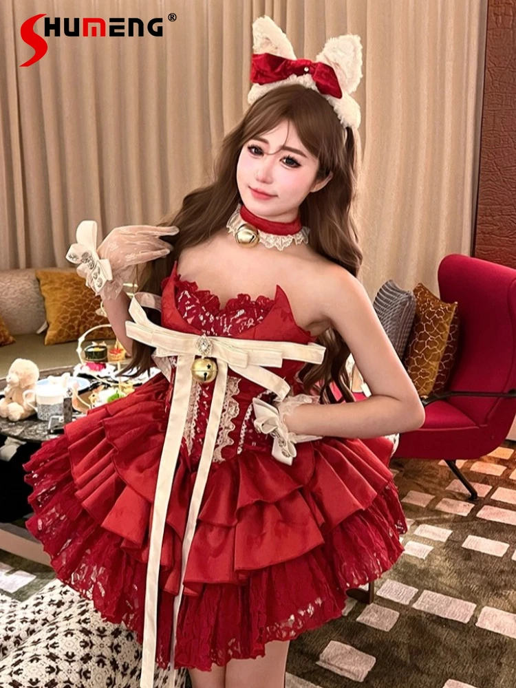 

2025 Christmas Red Lolita Ball Gown Dresses Girls Women's Slim Fit Elegant Off-Shoulder Sexy Birthday Party Dress Princess Dress