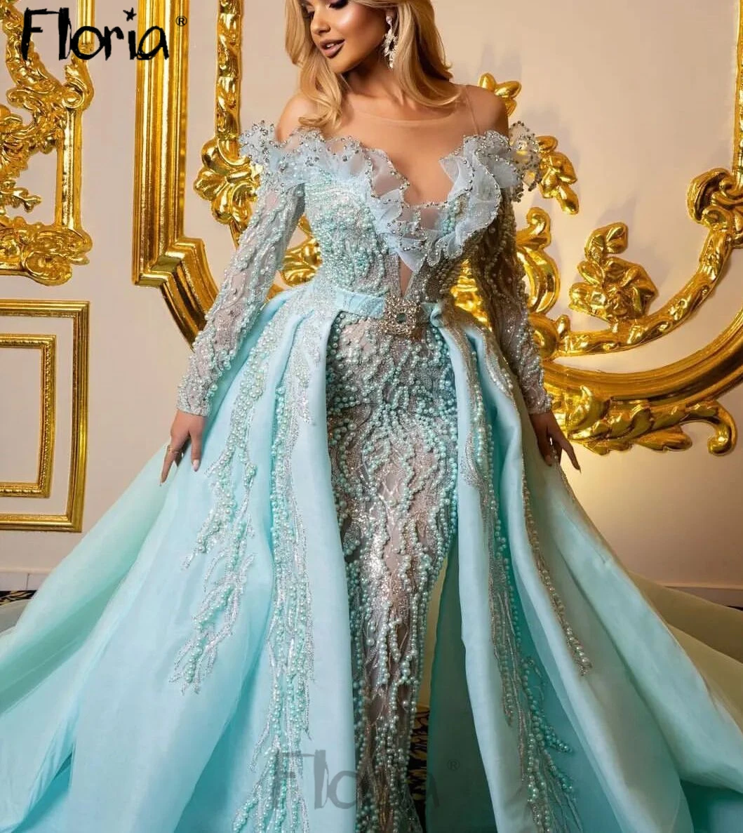 Precioso vestido de noche turquesa 2 en 1 con cuentas y tren desmontable para mujer, vestidos de fiesta de boda hechos a medida, cena de noche, graduación, 2024