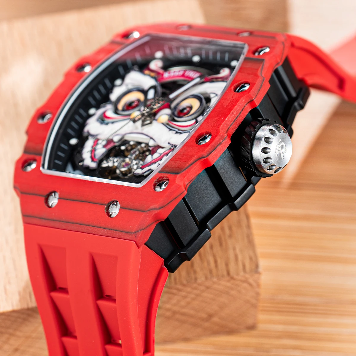 REEF TIGER Fashion Style Red Tonneau Lion Dance Automatic Watch for Men Super Lumious Waterproof Rubber Watches Reloj RGA3009-L