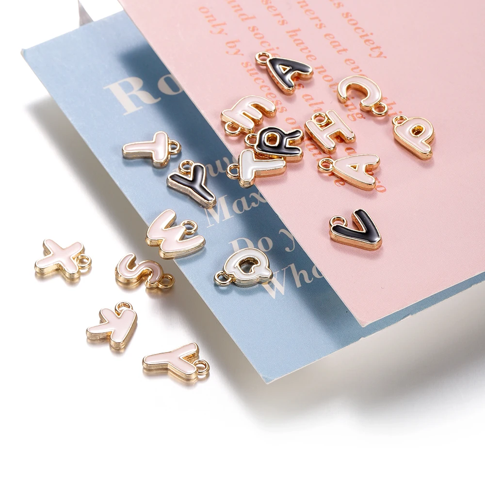 26pcs/bag Black Pink White Enamel Drop Oil Alloy Letters Pendants Metal Necklace Charm Fitting DIY Jewelry Making Findings image 6