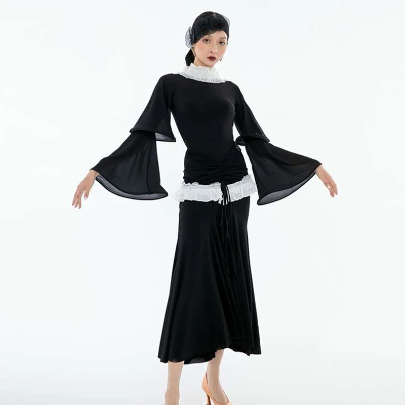 فستان الفالس فستان قاعة الرقص الأسود القياسي ممارسة الرقص الحديث الزي شق تنورة مضيئة كم ارتداءها ملابس الرقص النسائية 1391