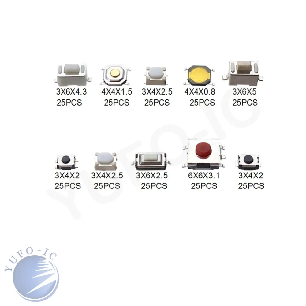 1 Box 10Values 250pcs Button Touch Switch Kit 3*4*2/2.5/4.3/ 3*6*2.5/5 4*4*0.8/1.5 6*6*3.1MM Assortment Electronic Component 