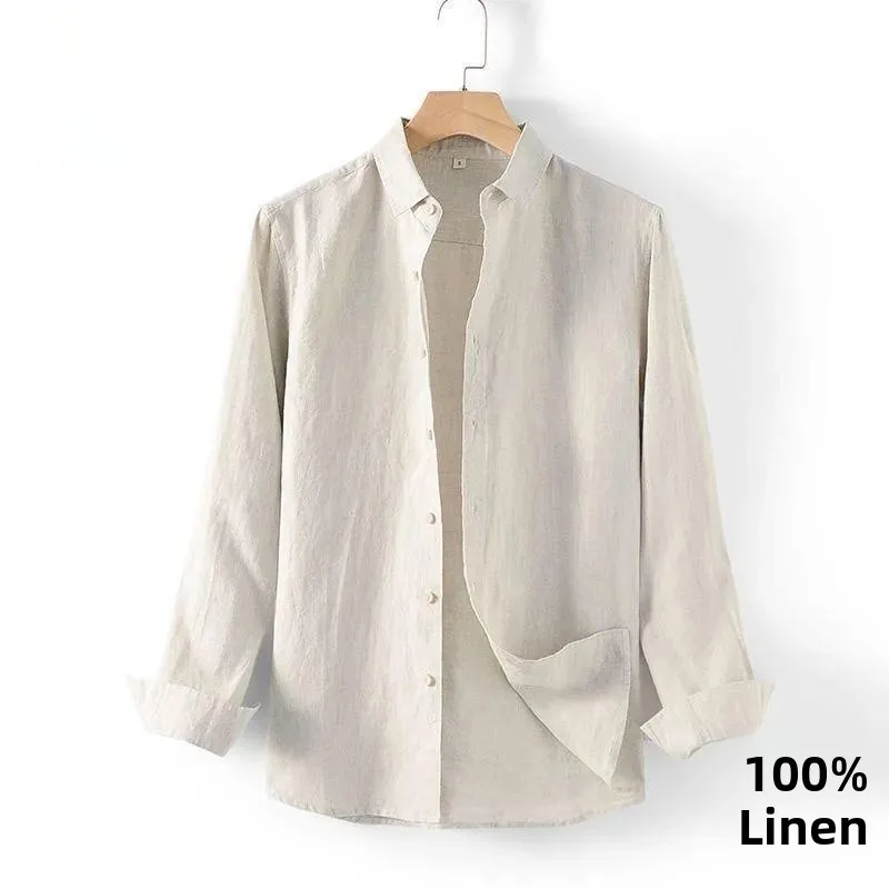 

New Men's Linen Shirt Long Sleeve Slim Fit Casual Spring Autumn Collar Cotton Linen Top Trendy Loose Style Nine Sleeve