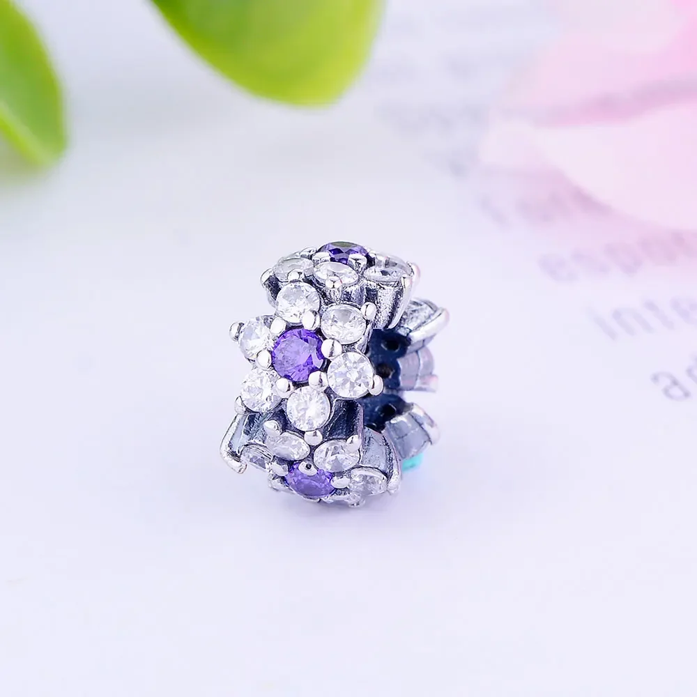 925 Sterling Silver DIY Beads Purple Clear CZ Forget Me Not Spacer Charms Fits Original Charms Bracelet Necklace Jewelry Making