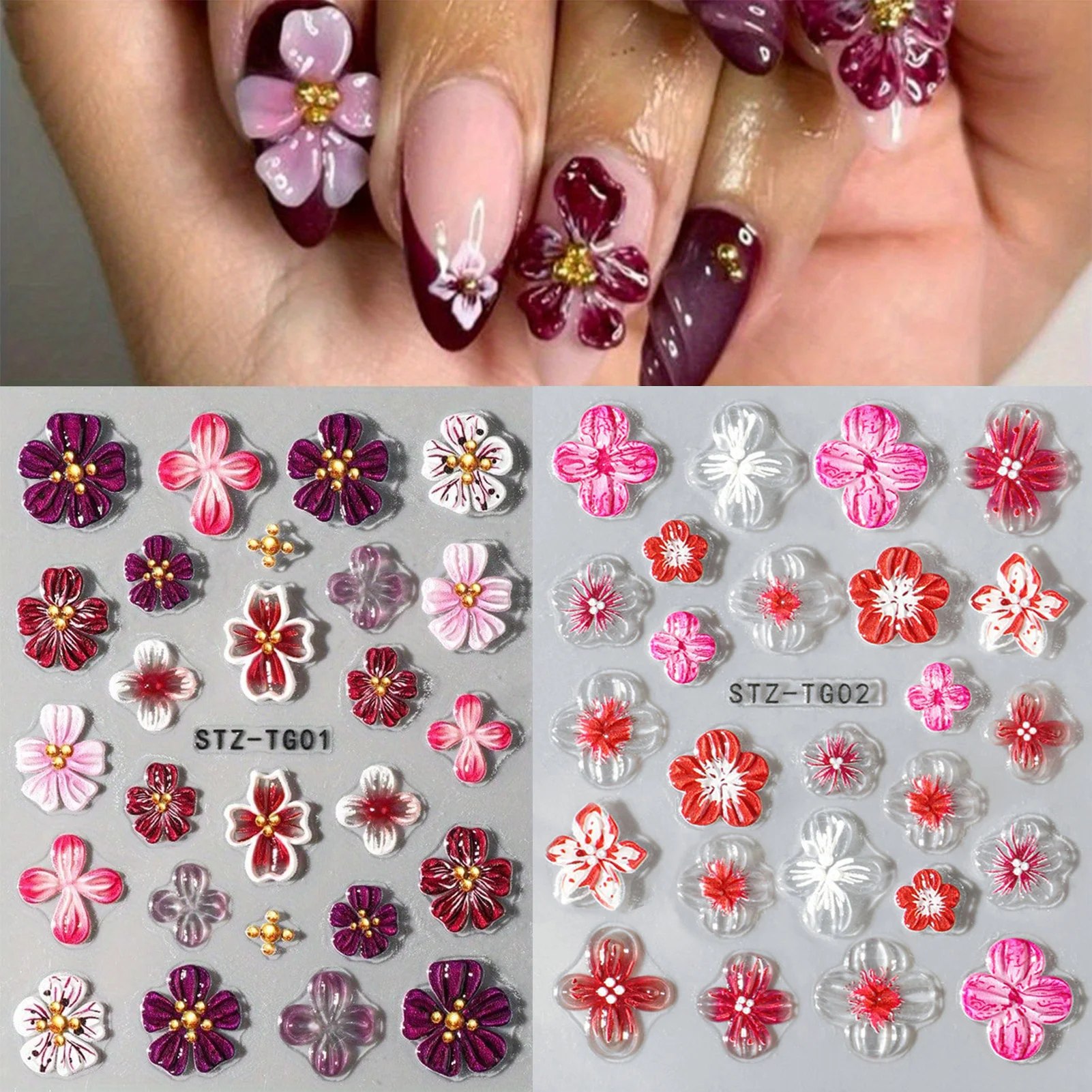 

Embossed 5D Flower Nail Stickers Pink/Purple Floral Nail Decal Stickers for DIY Manicure Women Party Wedding Dating Daily Use