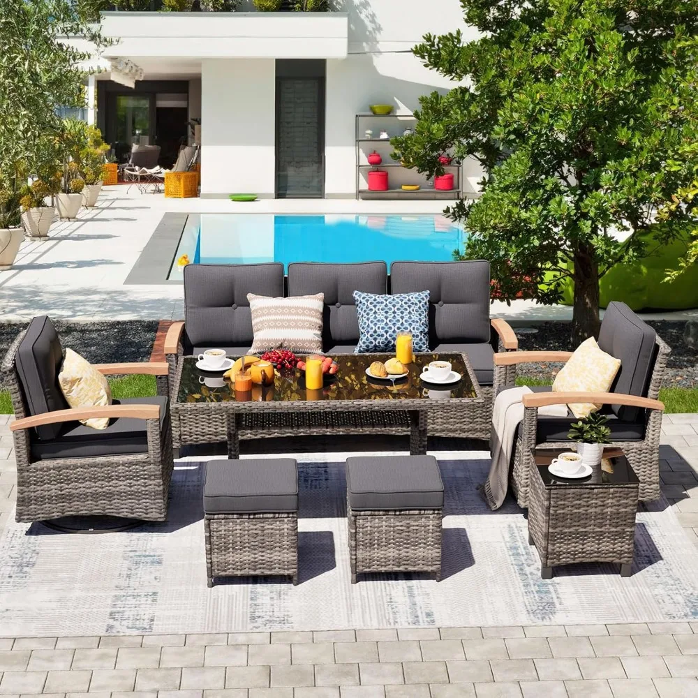 

7 Pieces Patio Furniture Sets, PE Wicker Outdoor Conversation Sets with 2 Wood Armrests Swivel Rocker Chairs, 2 Ottomans