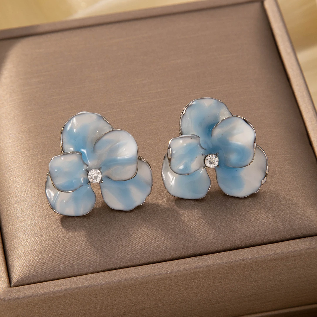Summer Autumn Light Luxury Elegant Blue Flower Stud Earrings for Women Fashion Rhinestone Sweet Metal Wedding Party Jewelry